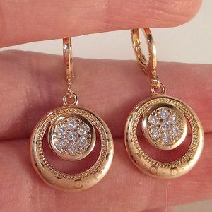 18K Yellow Gold Filled Circle Laser Carved Diamond Topaz Zircon Dangle Earrings
